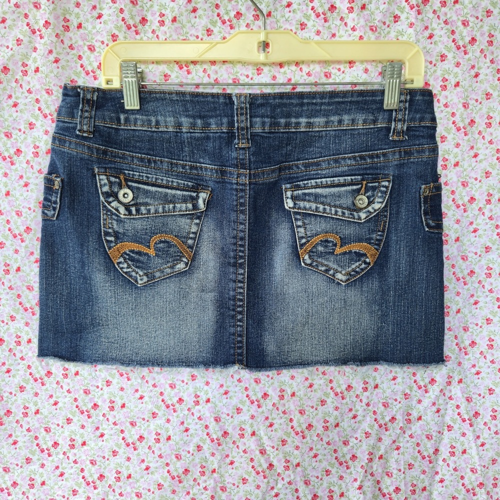 Vintage Mudd Denim Mini Skirt Y2K M Embroidered Pockets Raw Hem Blue Size 11